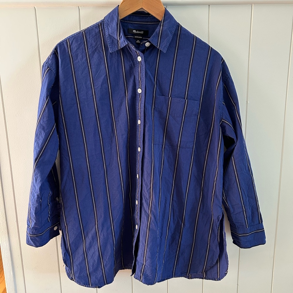 Madewell Women's Signature Poplin Oversized Long Sleeve Shirt Blue Sz XS.